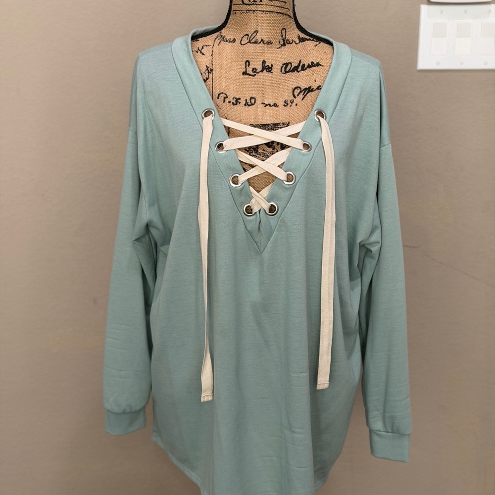 Women's Lace-Up V-Neck Top - Teal